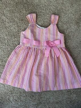 Bonnie Baby Pink and Peach Striped Dress with Bow Accents